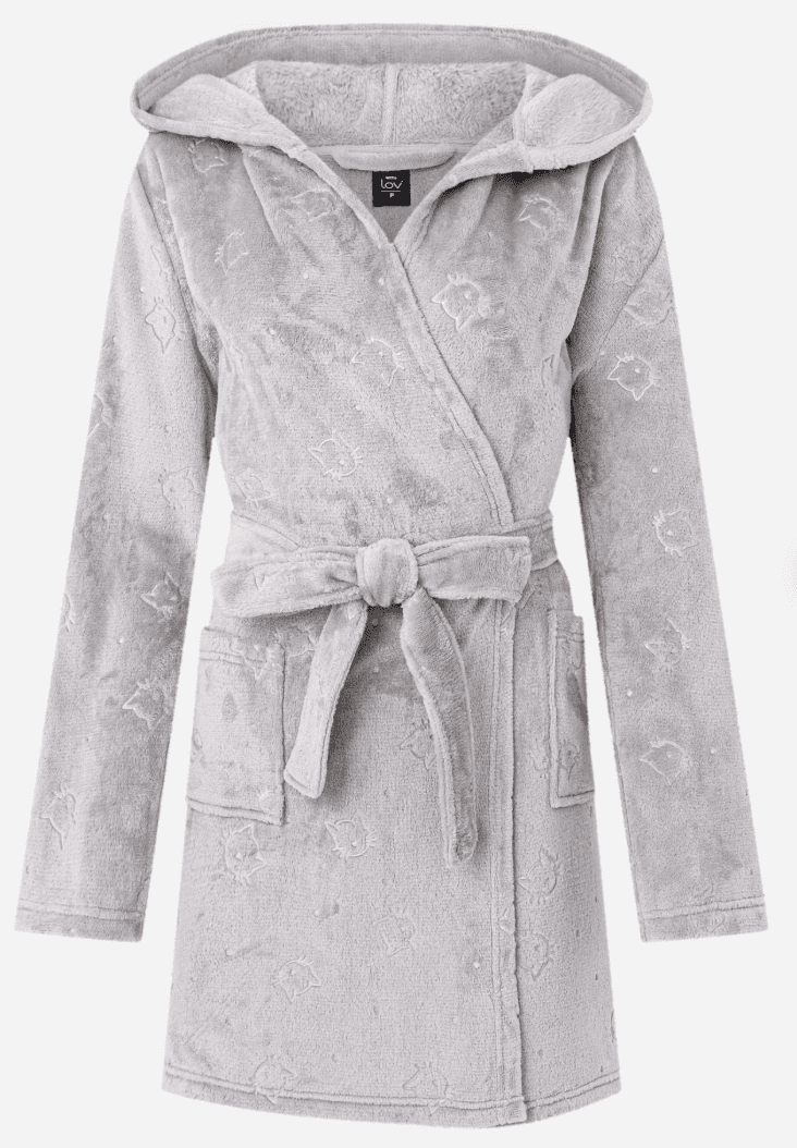 Robe em Fleece com Capuz e Textura de Gatinhos Cinza