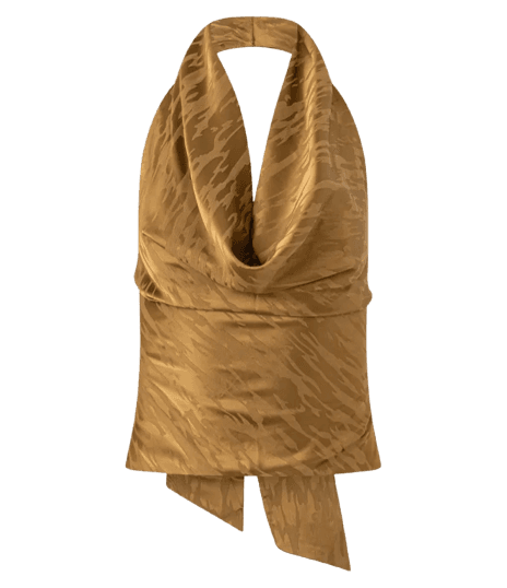 Blusa Frente Única Acetinada com Decote Degagê e Estampa com Efeito Manchado Amarelo