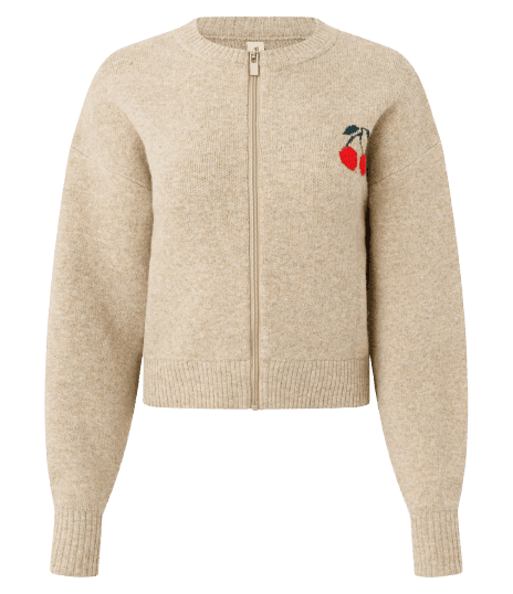 Cardigan em Tricô com Bordado de Cereja e Zíper