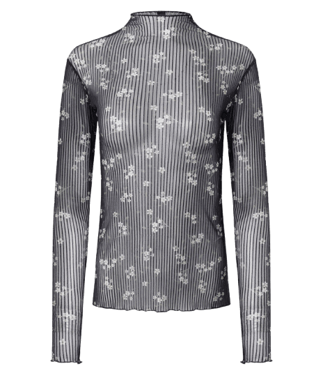 Blusa em Tule Texturizado em Listras com Estampa Floral